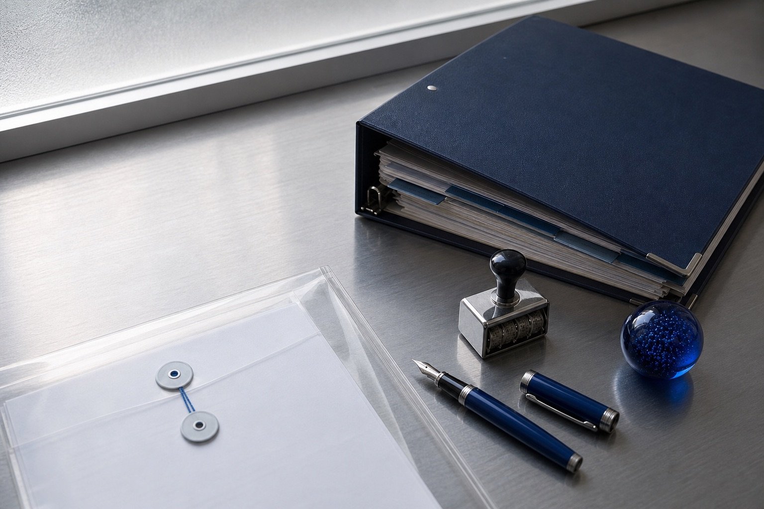 Verification binder, consent folder, and blue pen arranged on a brushed silver desk